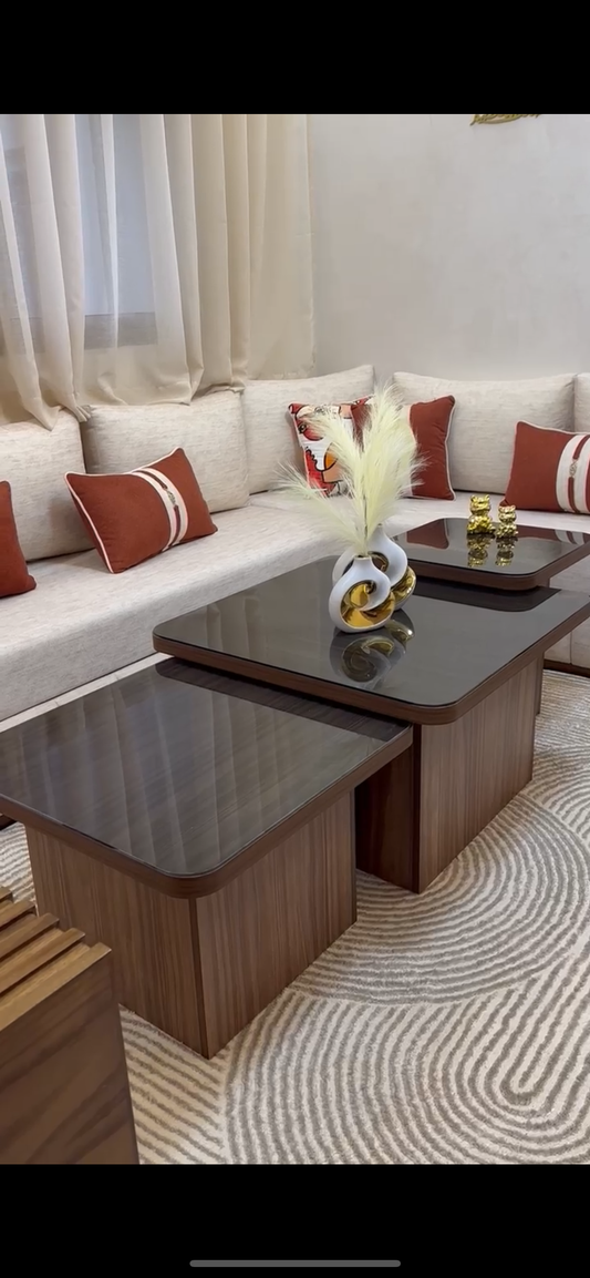 Trio tables carré avec verre bronze